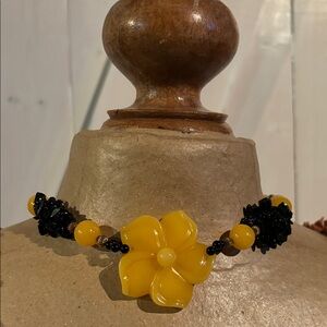 Vintage Yellow Jade Floral Statement Necklace with Black Beads